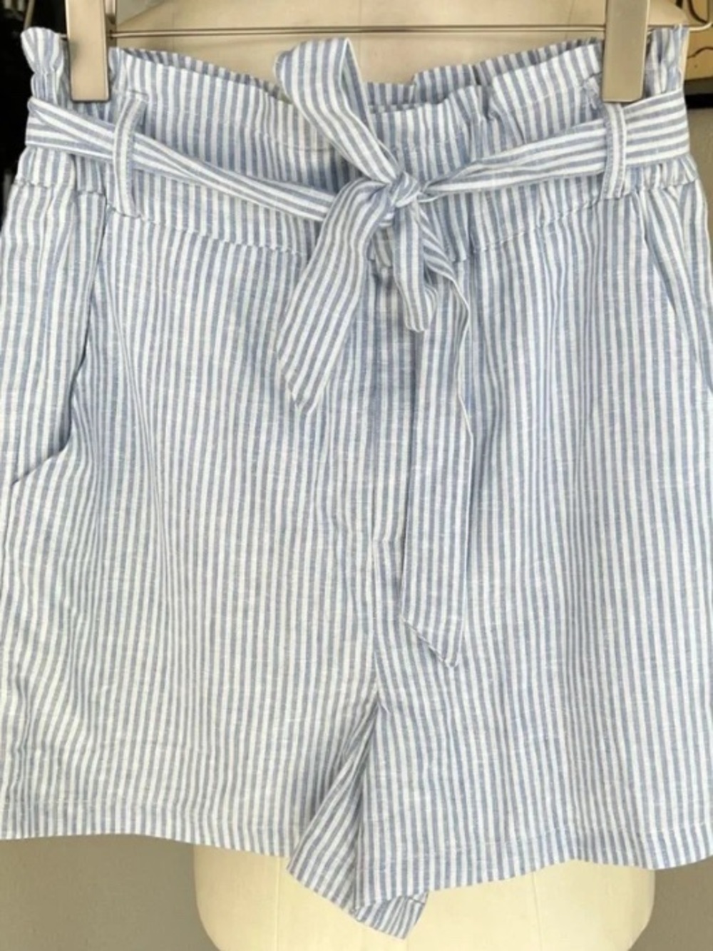 Striped Paperbag Waist Shorts - Light Blue & White - Picture 3 of 5